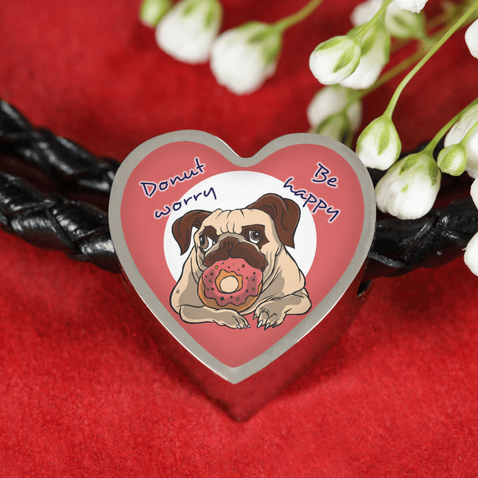 Donut Pug Bracelet | Double-wrapped Leather Bracelet | Heart Charm
