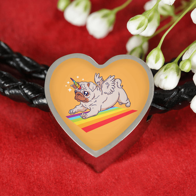 Pug Unicorn Bracelet | Double-wrapped Leather Bracelet | Heart Charm